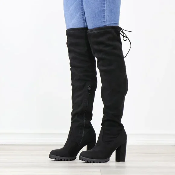 Black Thigh High Boots Over The Knee Block Lug High Heel Faux Suede Round Toe - Picture 13 of 13